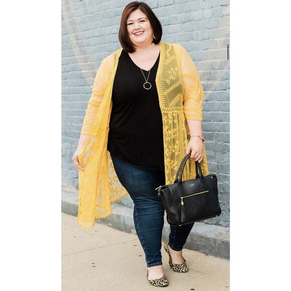 NWT Lane Bryant Sz 18/20 Statement Mustard Yellow Lace Long Boho Jacket Floral - Picture 2 of 8